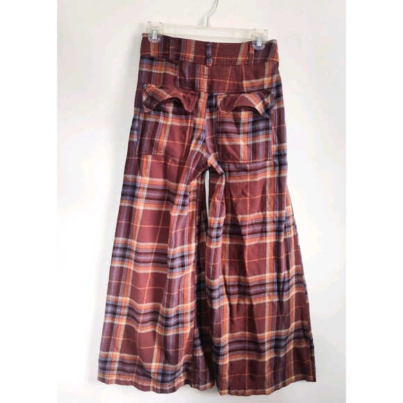 Free People Wide Leg Pants Size 0 Out Of Touch Extreme Plaid Pockets Burgundy - Picture 7 of 12